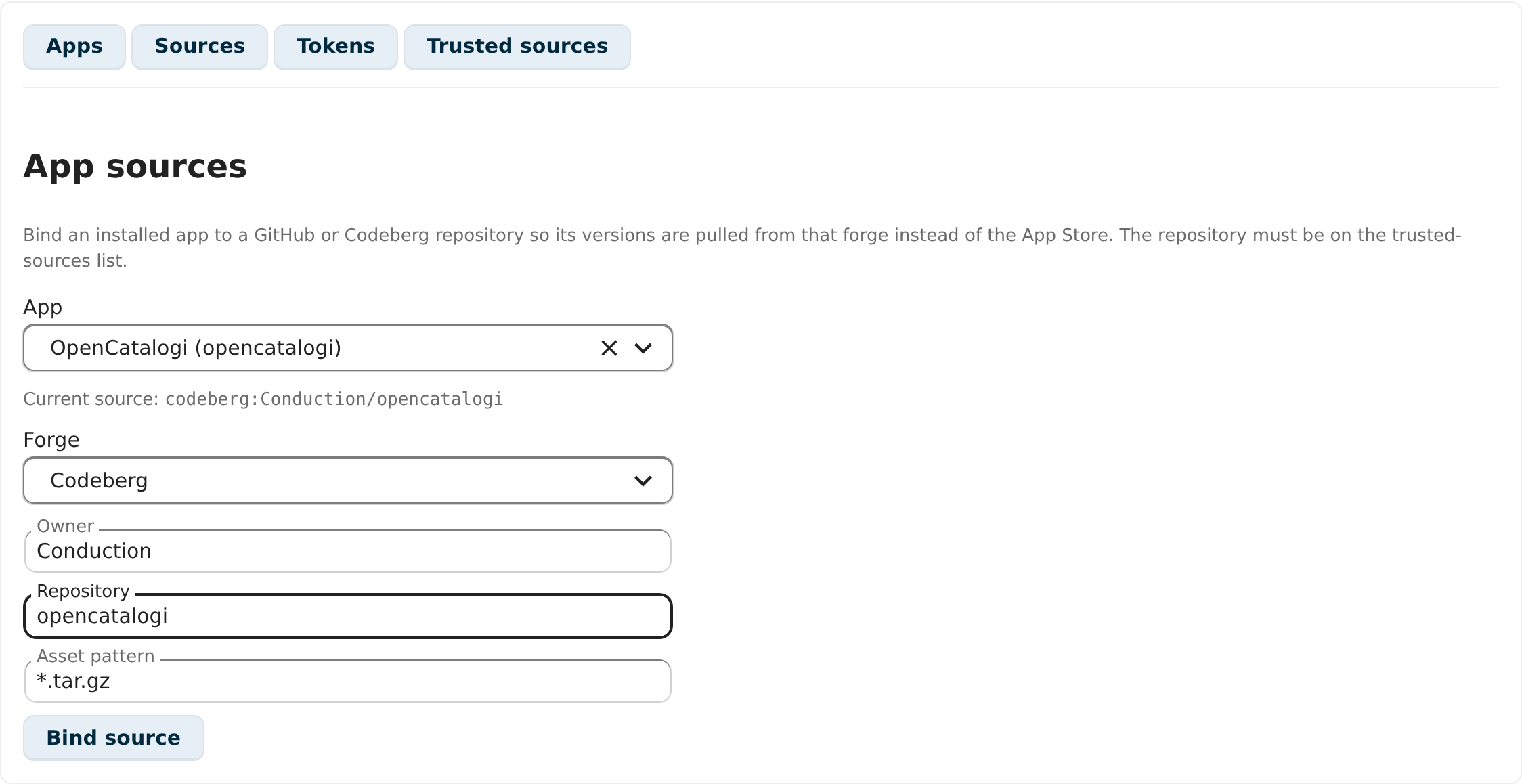 Binding OpenCatalogi to a forge repository on the Sources tab