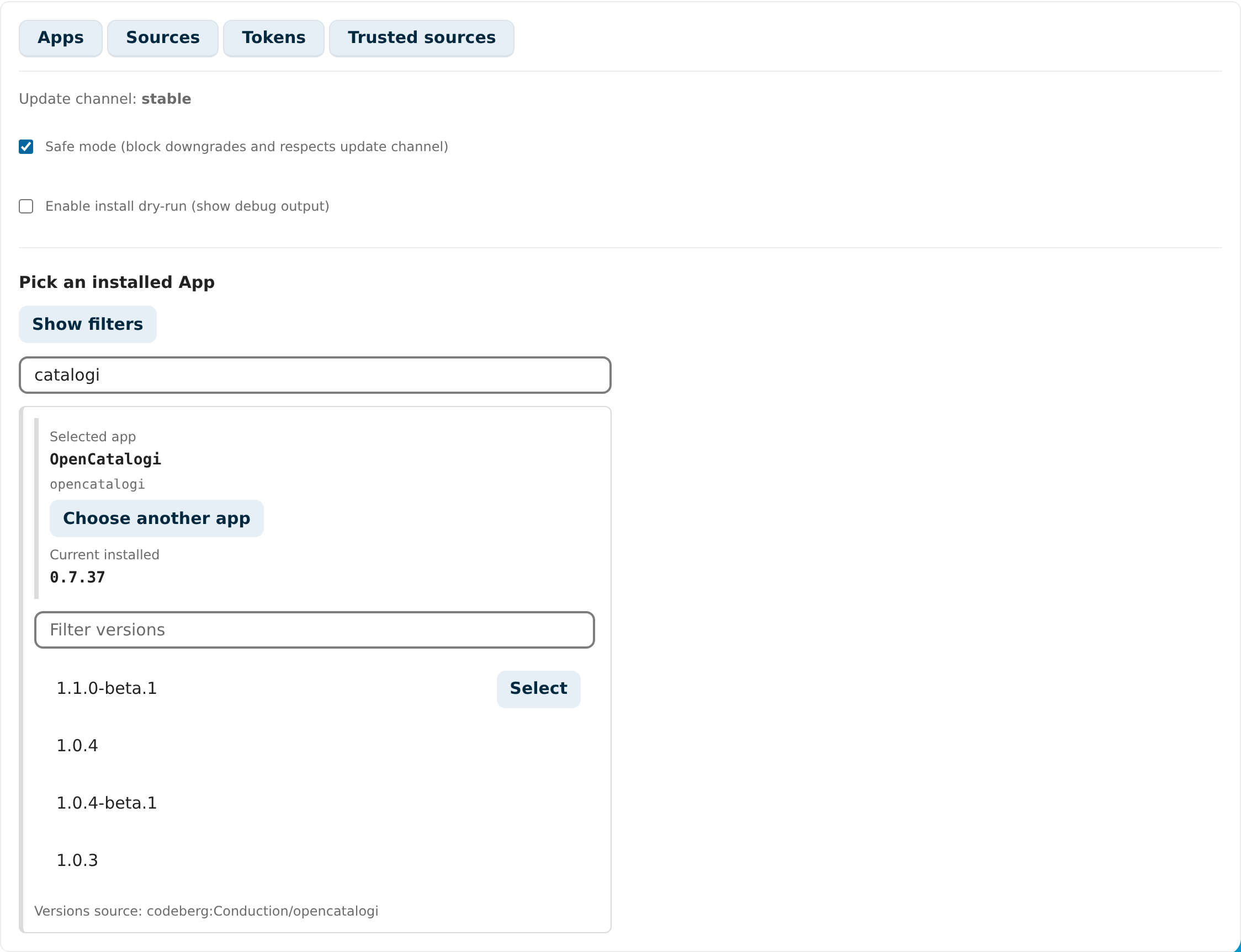 OpenCatalogi's version picker listing forge releases